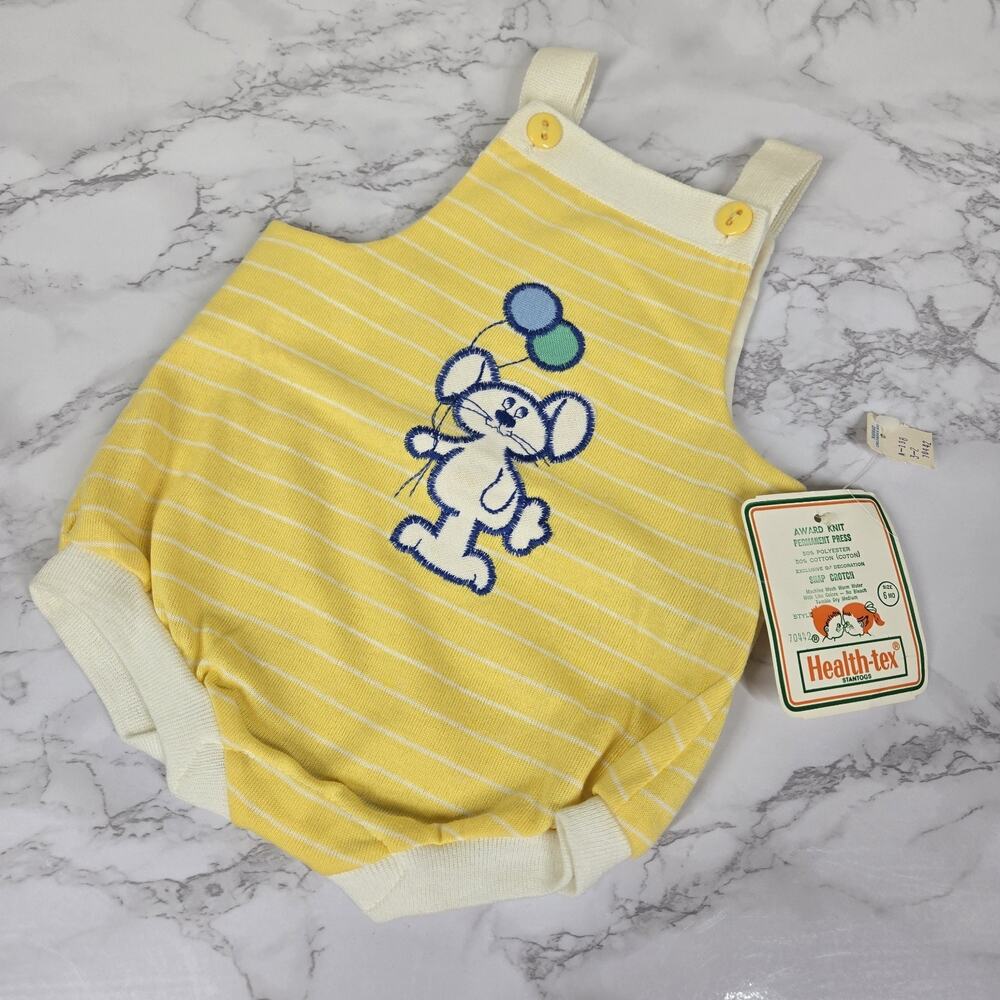 Vintage 70s HealthTex Baby Bubble Romper 6 Mo Yellow Bunny Rabbit Balloons NEW